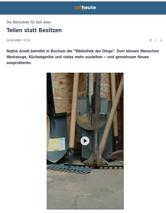 "Najine Ameli betreibt in Bochum die "Bibliothek der Dinge". Dort können Menschen Werkzeuge, Küchengeräte und vieles mehr ausleihen – und gemeinsam Neues ausprobieren."
https://www.zdfheute.de/video/panorama-dinge-bibliothek-kurioses-100.html
#bochum #nachhaltigkeit #konsum #dinge