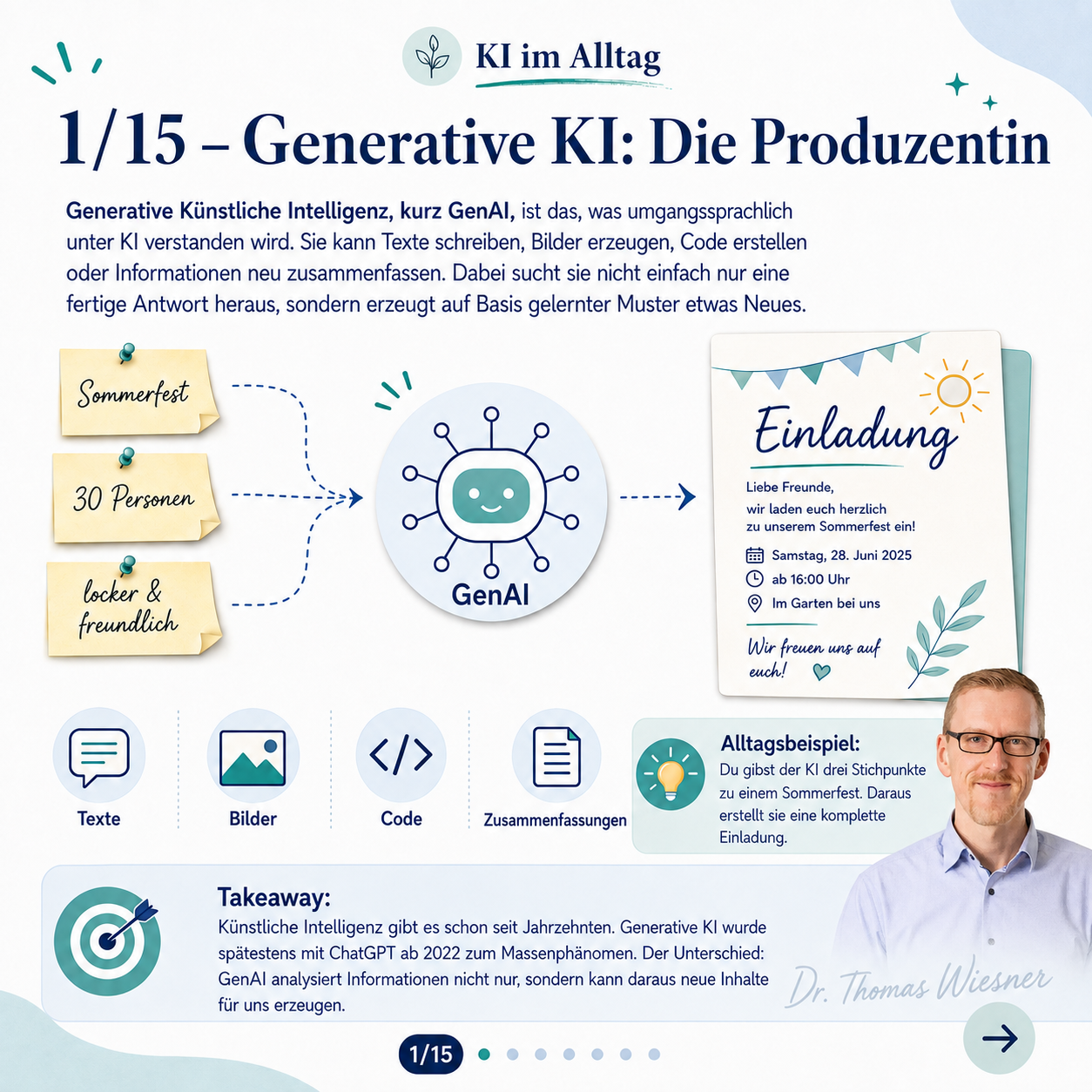 Definitionsreihe, um in die KI-Welt einzusteigen. Möglichst einfach, mit Analogien aus dem Alltag.
1/15 – Generative KI: Die Produzentin
Generative Künstliche Intelligenz, kurz GenAI, ist das, was umgangssprachlich unter KI verstanden wird. Sie kann Texte schreiben, Bilder erzeugen, Code erstellen oder Informationen neu zusammenfassen. Dabei sucht sie nicht einfach nur eine fertige Antwort heraus,