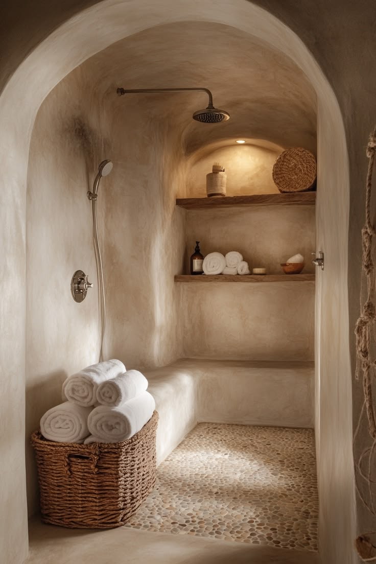 Explore a trendy condo bathroom with an elegant arch leading