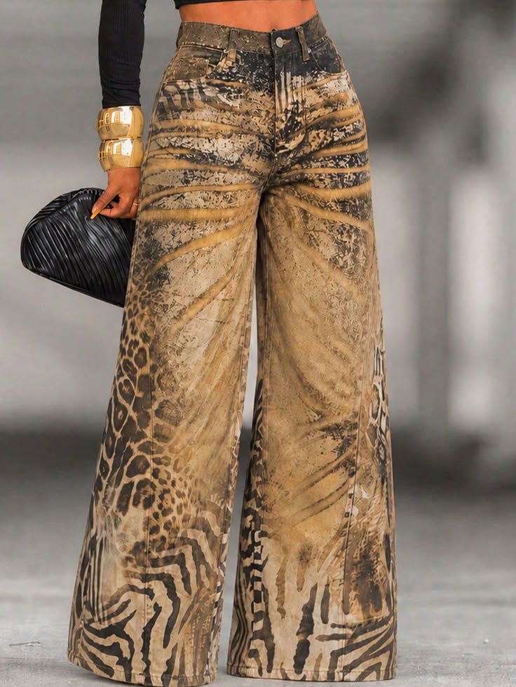 GLOURI Women's Animal Print Wide Leg Jeans High Waist Loose 
