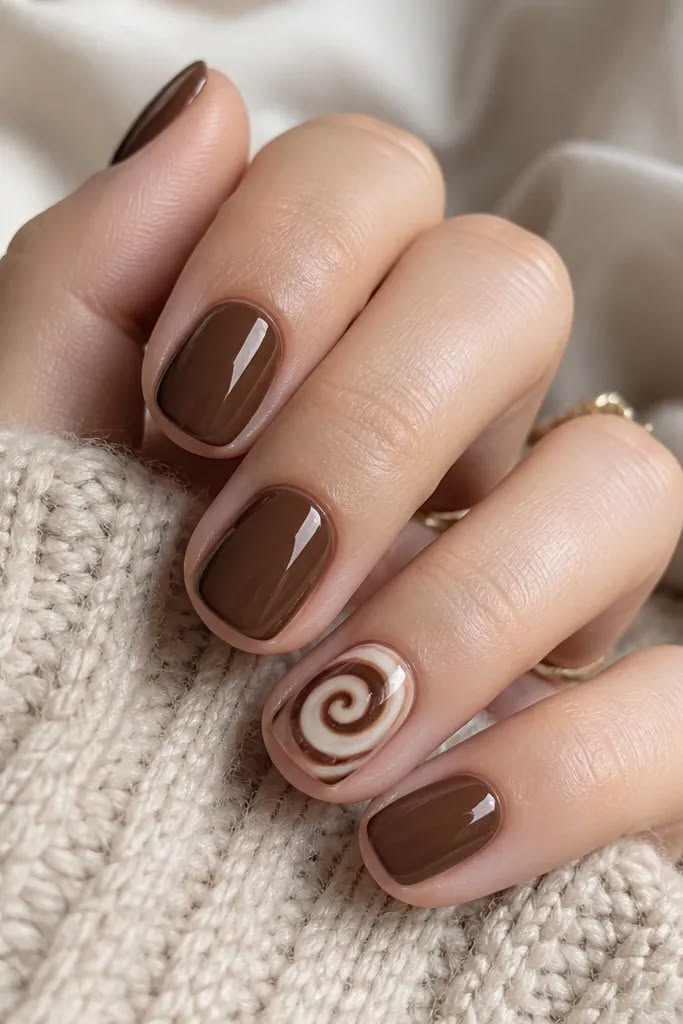 A rich chocolate brown manicure with a fun cream swirl accen