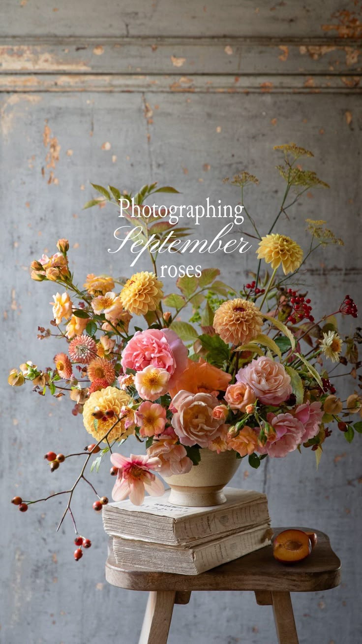 A bowl full of September roses from the garden. A curved ros
