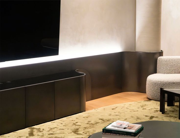 Curved living room TV Console with Gunsmoke Verometal finish