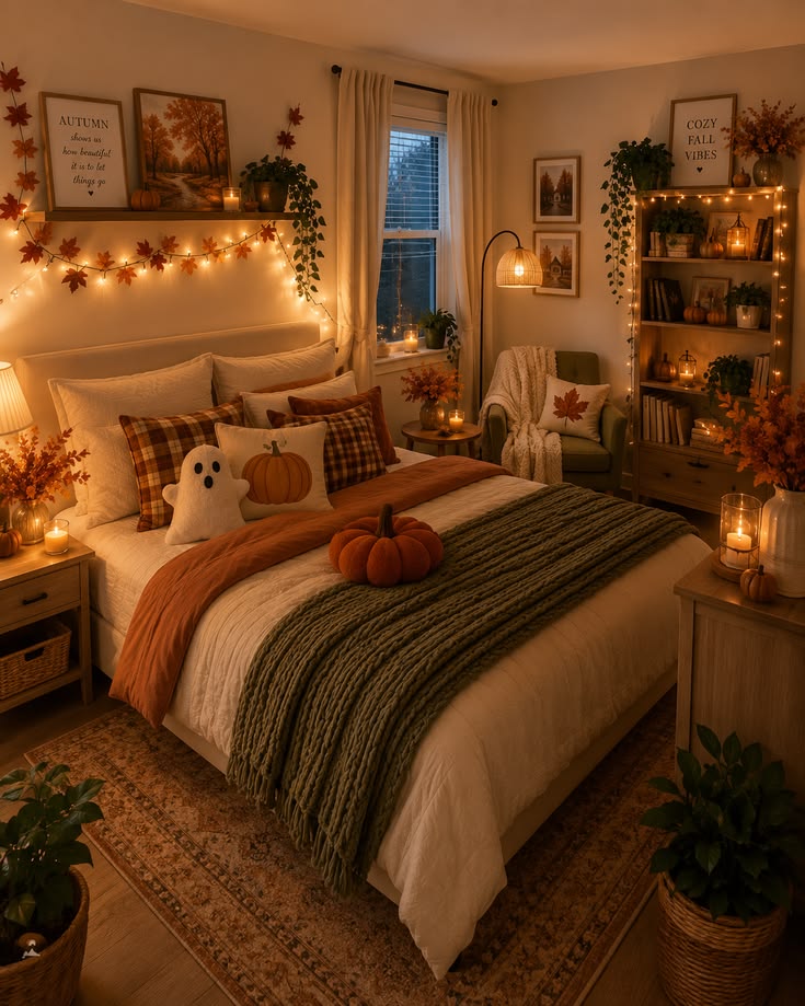 Create the ultimate cozy fall bedroom with pumpkin pillows, 