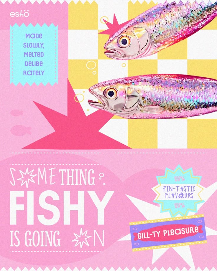 Bold Y2K-style poster featuring holographic shimmering fish,
