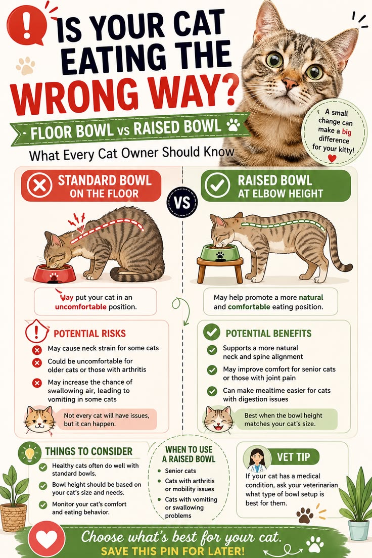 Wondering if your cat should eat from a raised bowl or a flo