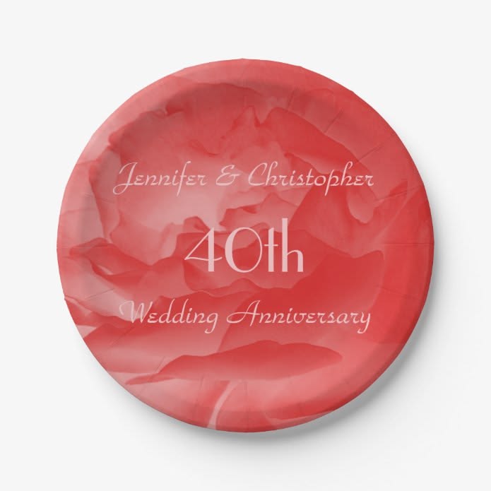 Elegant Coral Pink Rose, 40th Wedding Anniversary Paper Plat