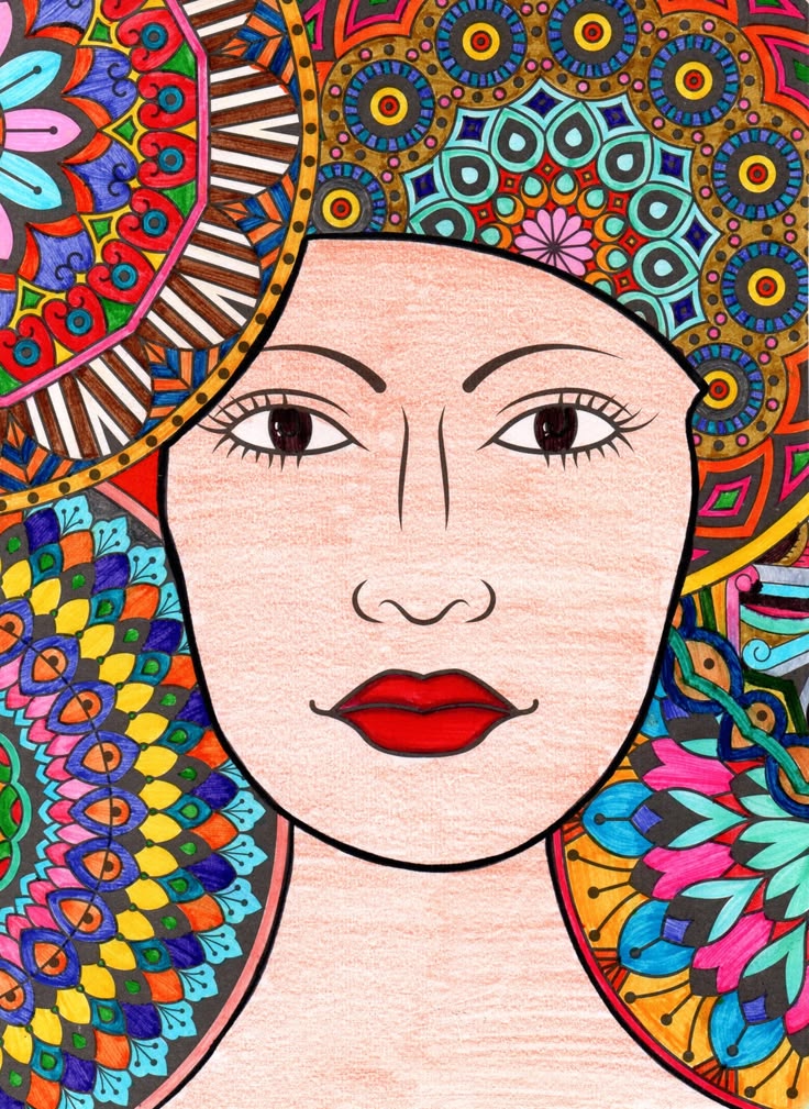 A detailed feminine mandala portrait surrounded by vibrant g