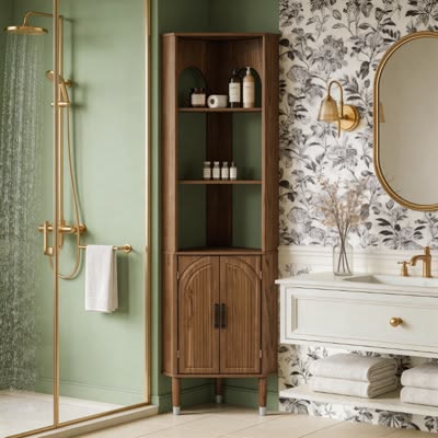 This tall corner cabinet is a sleek, space-saving solution d