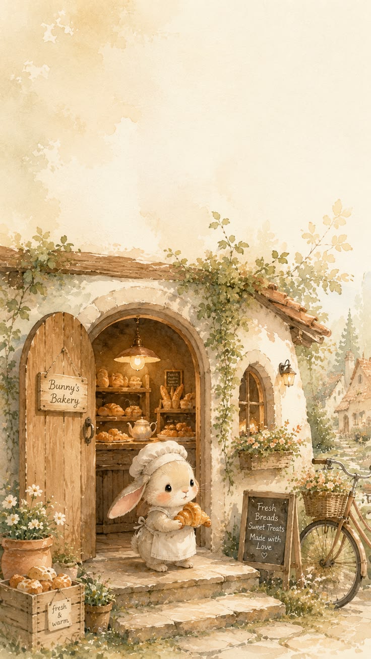 A tiny fluffy bunny steps out of her charming countryside ba