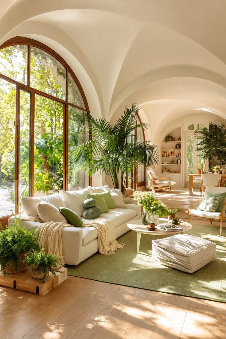 A bright, warm living room filled with natural light, soft n