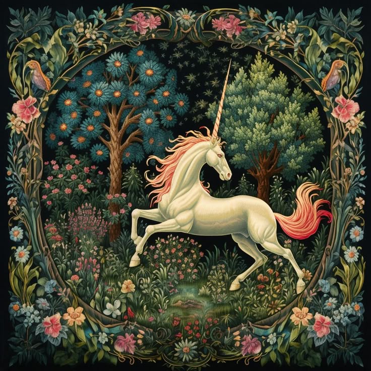 unicorn tapestries motif, emerald green rug, luxury, design,