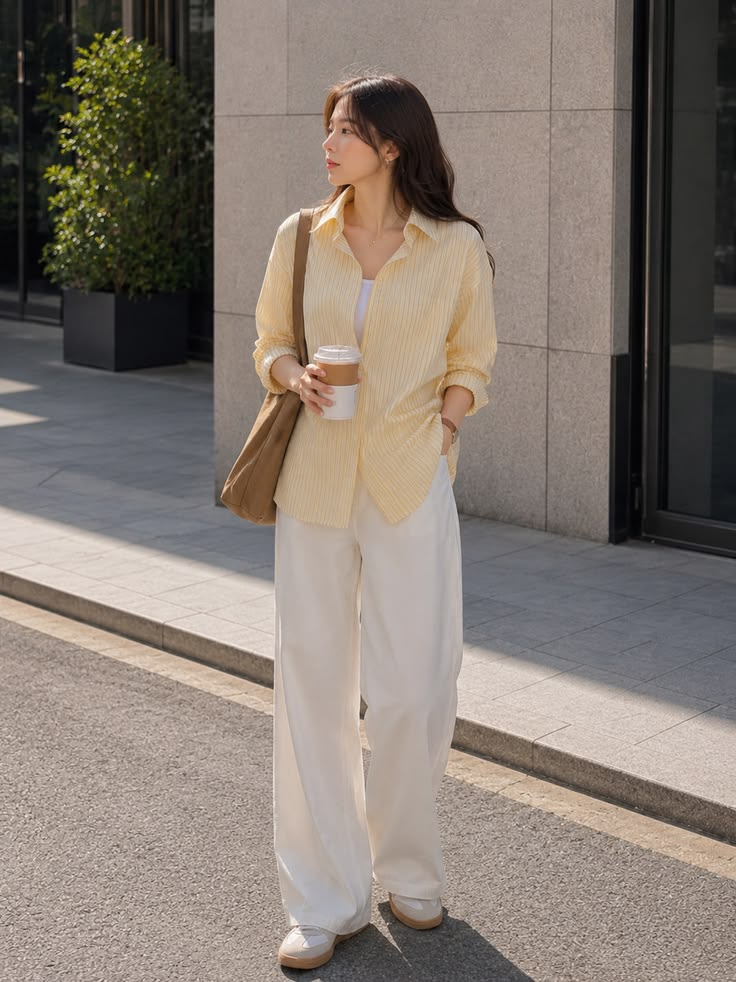 Fresh Korean-inspired casual outfit featuring a yellow strip