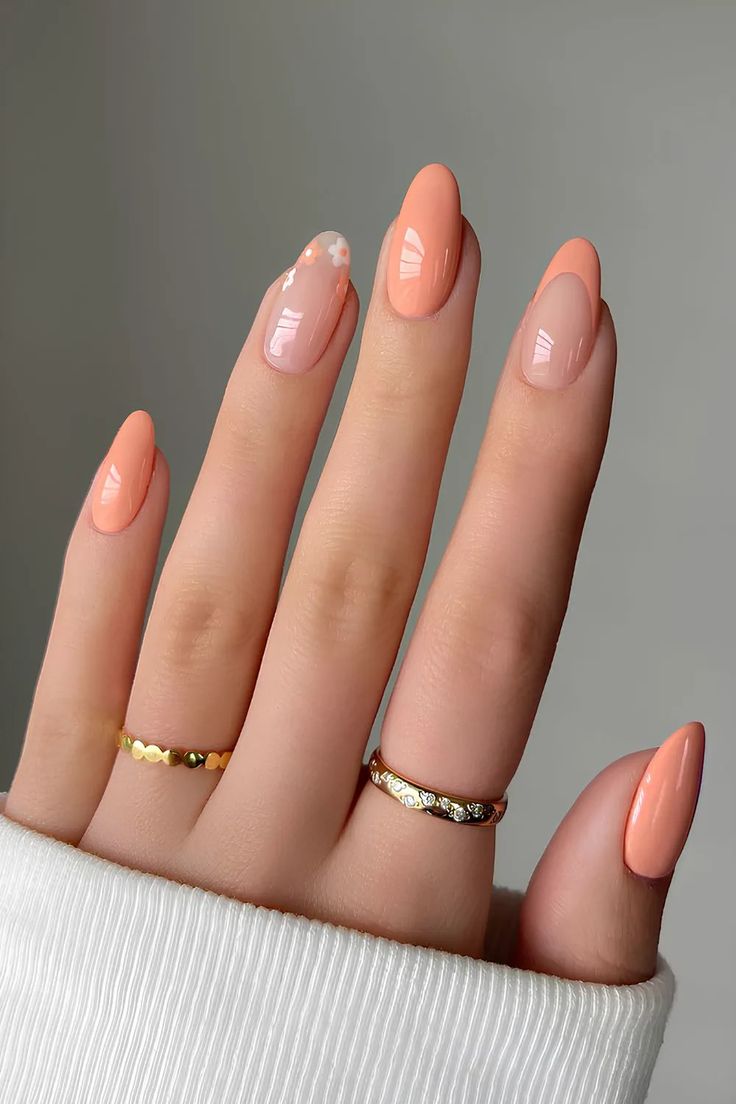 natural nails, peach nails, floral nail art, spring nails, s