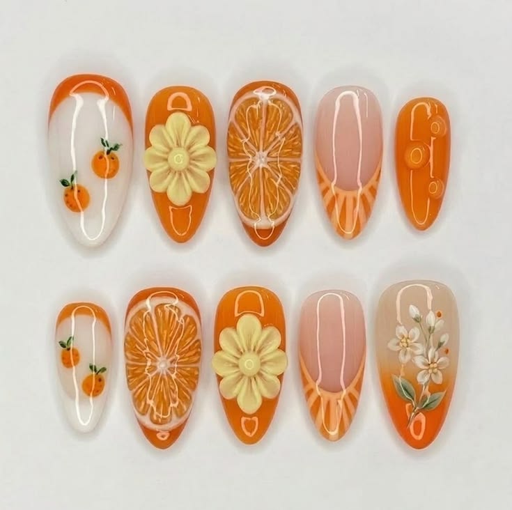 Luxury 3D Fruit Nails, Glossy Jelly Orange Base, Shimmering 