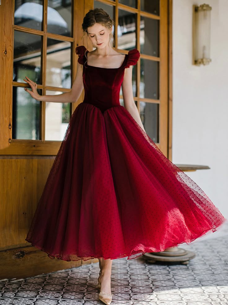 Burgundy Velvet Tulle Tea Length Prom Dress, Cute A-Line Eve