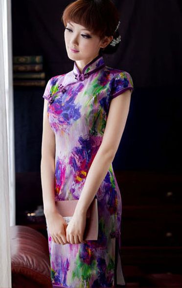 Purple abstract print heavy silk modern qipao Chinese cheong