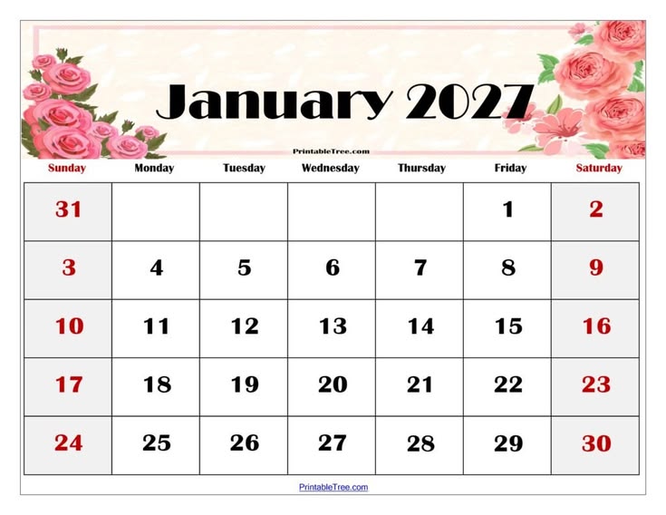 January 2027 Calendar Printable PDF Template with Holidays