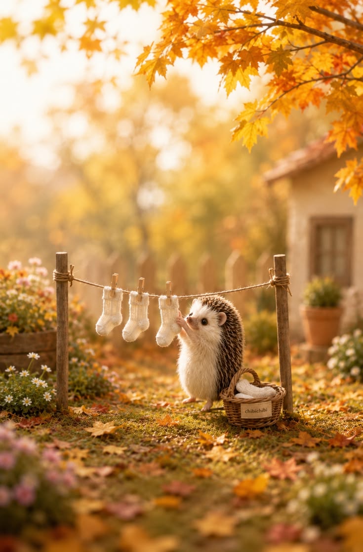 A tiny hedgehog hangs little socks beneath the golden autumn