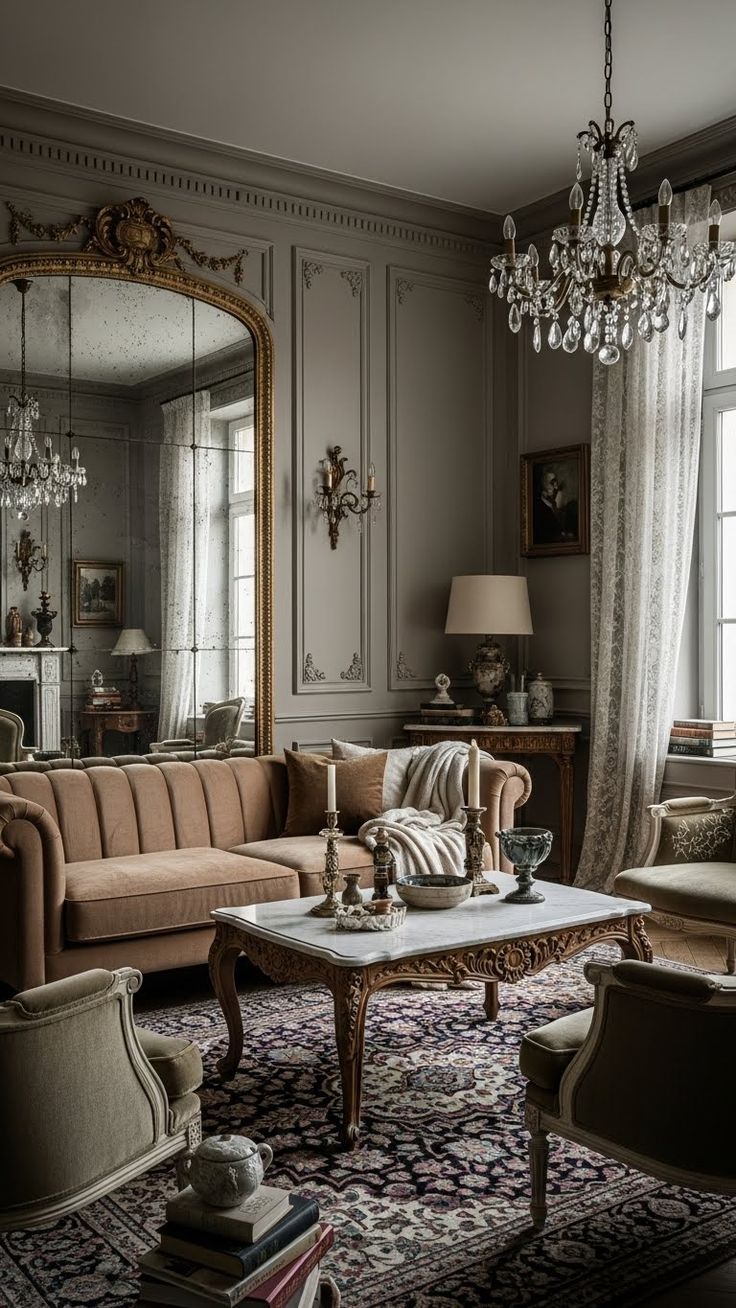 Step into this moody Parisian dream—vintage molding, velvet 