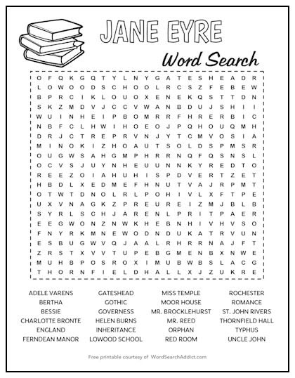 Our “Jane Eyre” printable word search puzzle features 24 wor