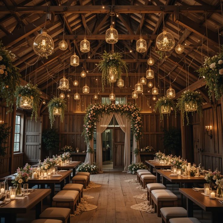 This boho wedding features a rustic barn, a macramé arch, gl