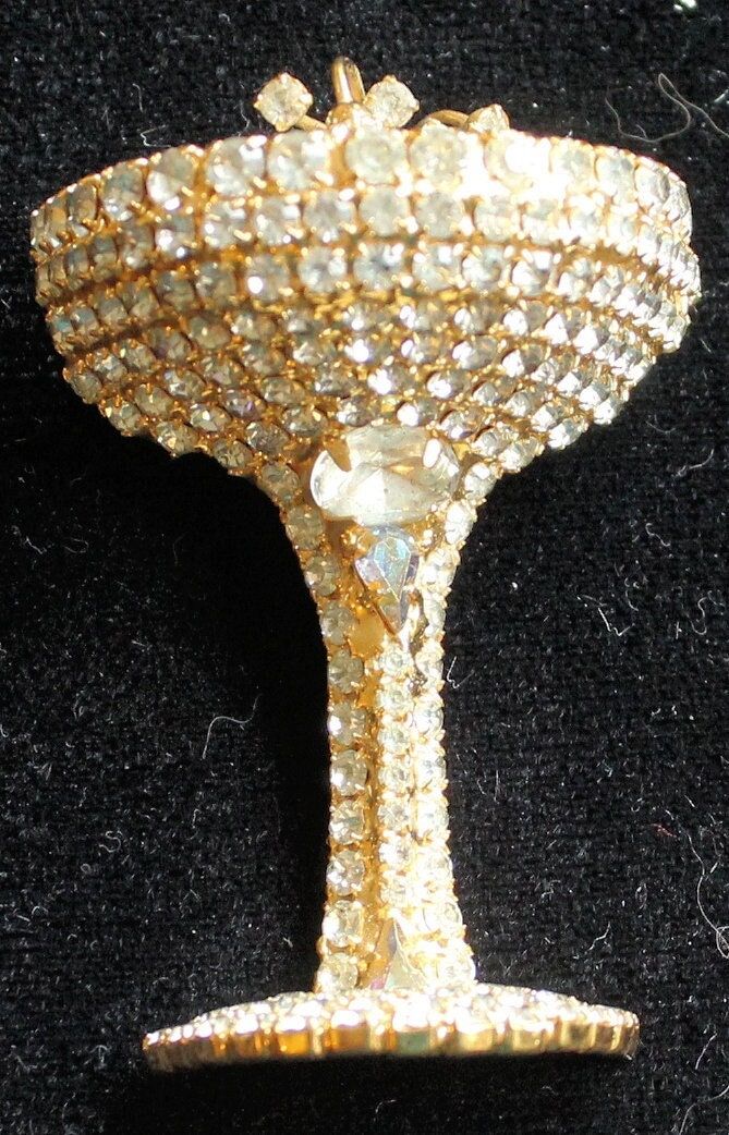 Vintage Dorothy Bauer Rhinestone Champagne Glass Brooch/Pin