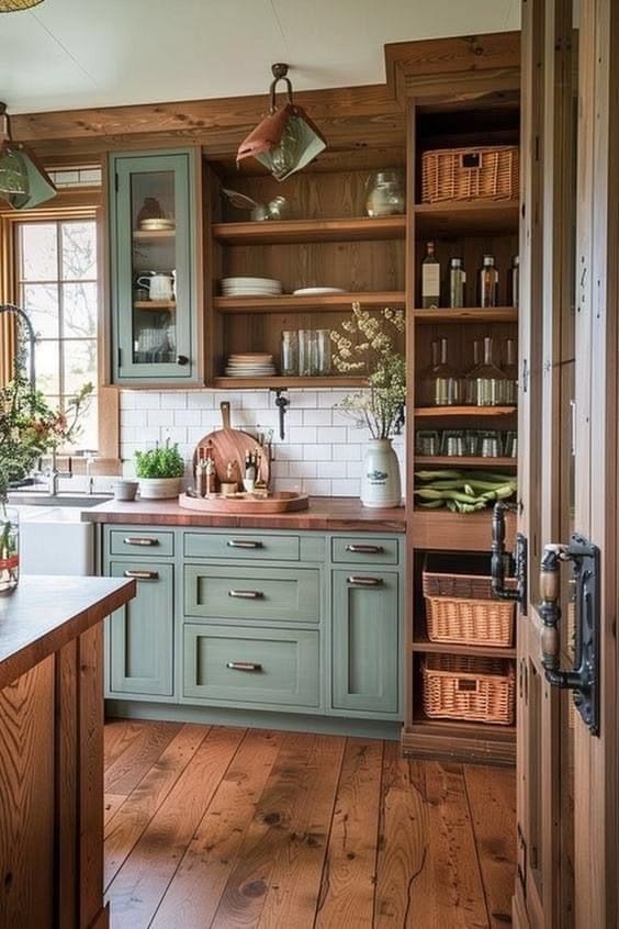 Discover a warm, inviting cottage kitchen featuring green ca