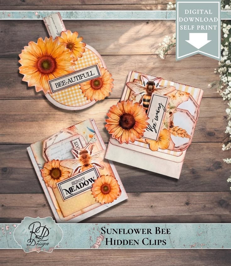 Sunflower Bee Hidden Clip, Printable Hidden Clip Ephemera, H