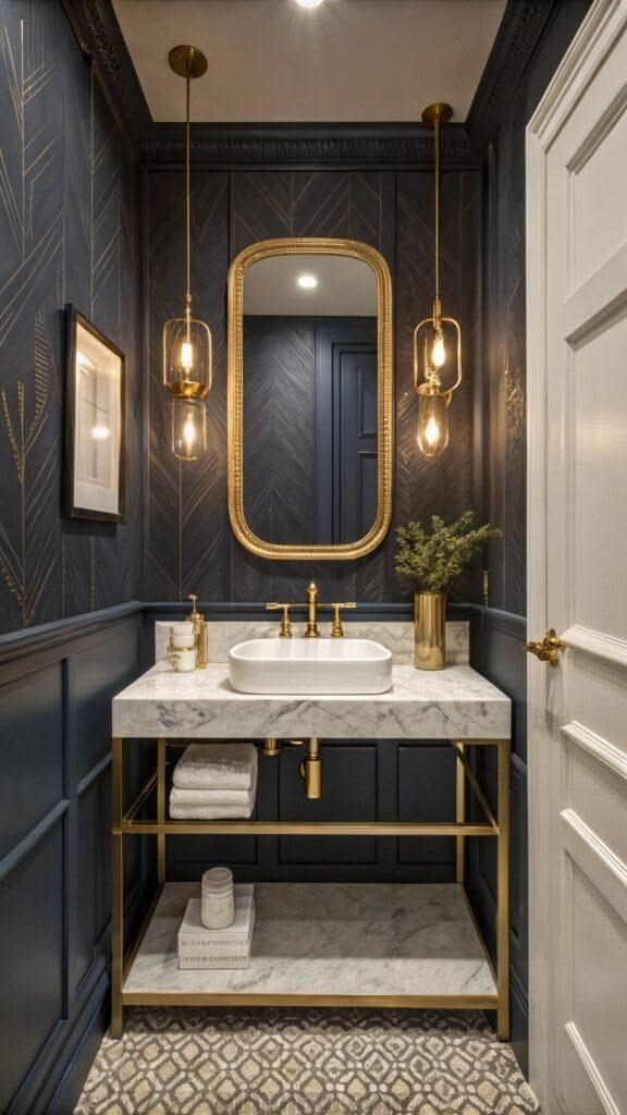 Chic bathroom idea: dramatic black walls paired with luxurio