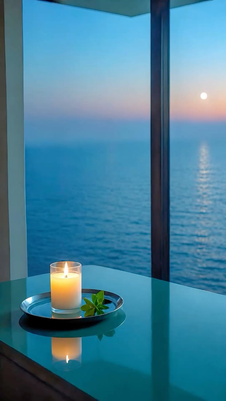 A single candle glows beside an endless blue sea as the even