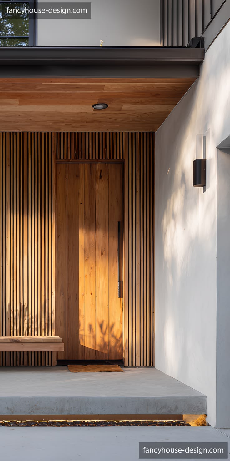 This entry uses vertical wood slats, a solid wood front door