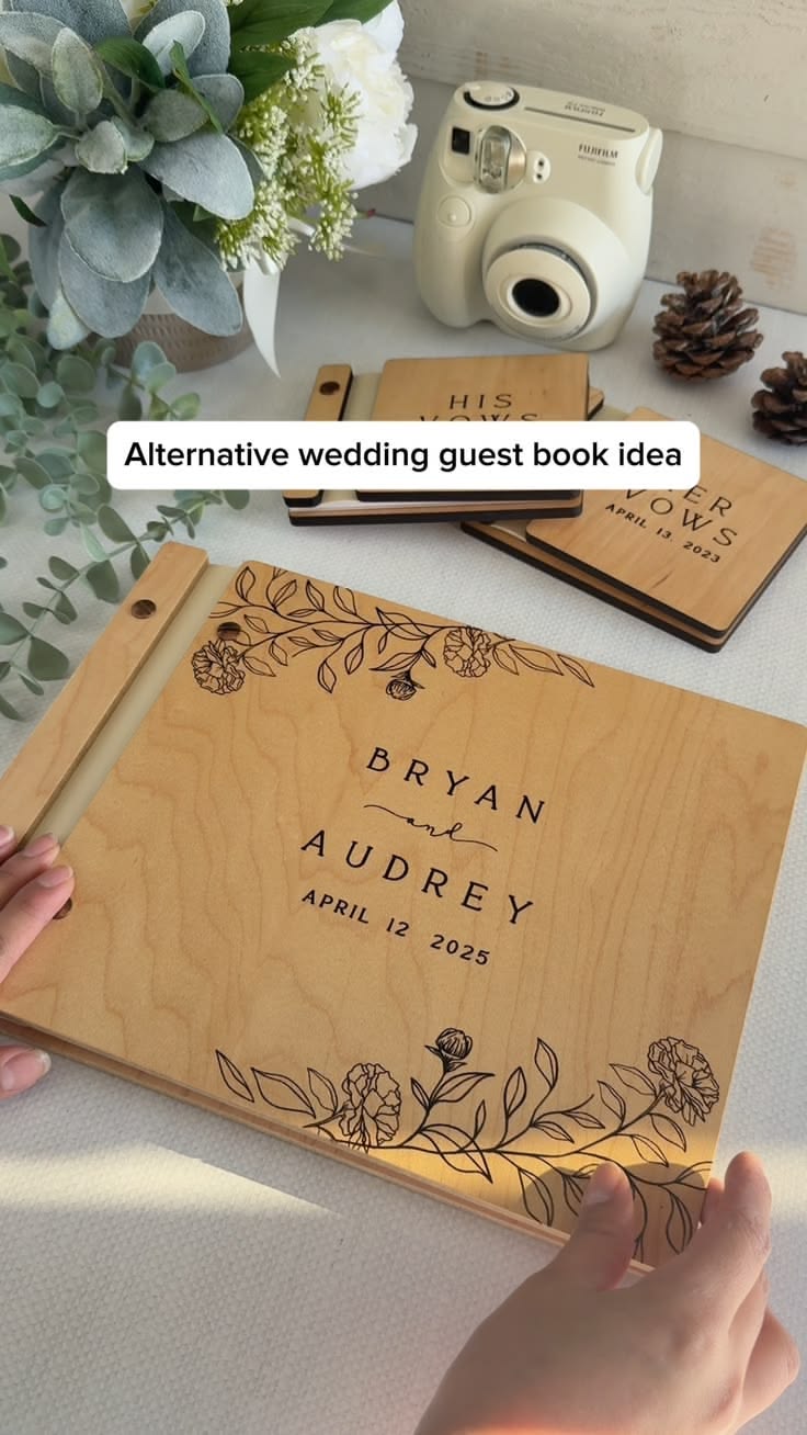 This custom wedding guest book features a beautifully engrav