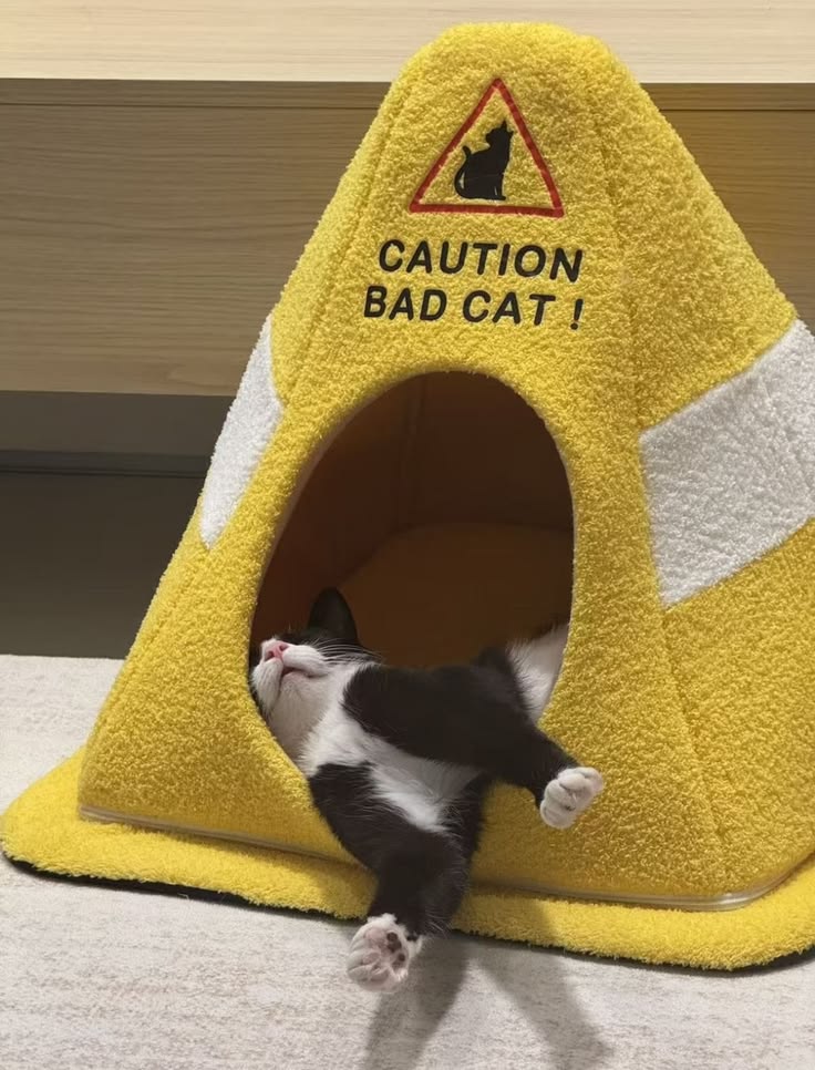 must have Funny Caution Bad Cat Bed - Yellow Soft Fleece Coz
