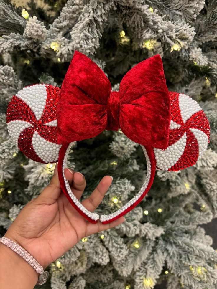 Holiday Candy Cane Rhinestone Mouse Ears Red and White Ears 