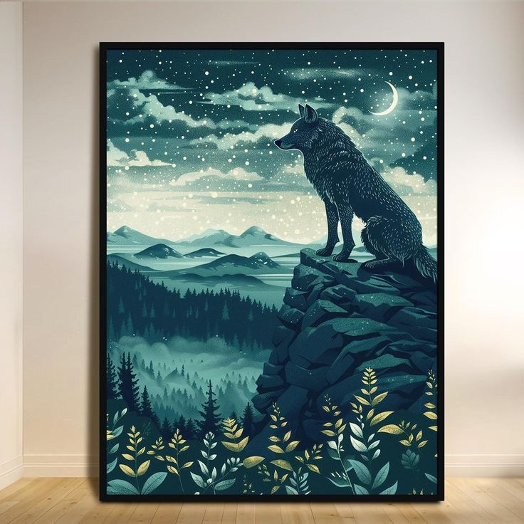 Mystical Wolf Wall Art, Boho Mountain DIGITAL Print, Moody N