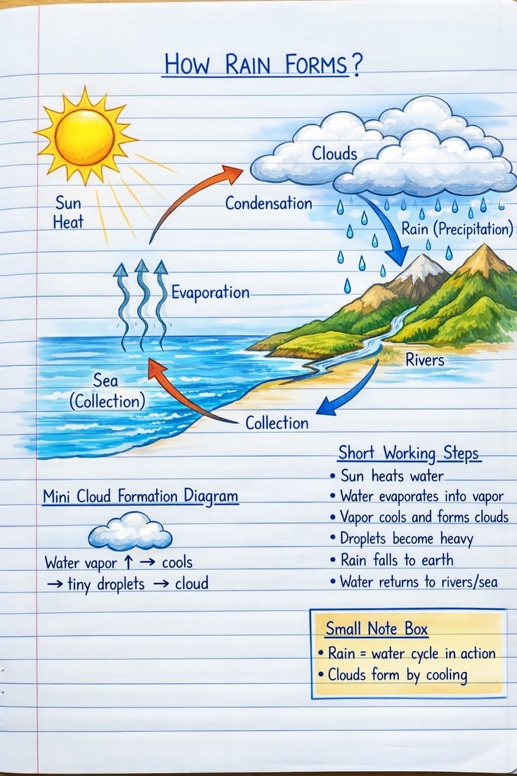 This diagram explains how rain forms step by step using the 