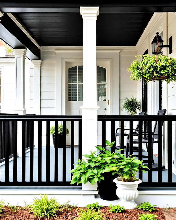 A timeless black porch paired with white accents creates a s