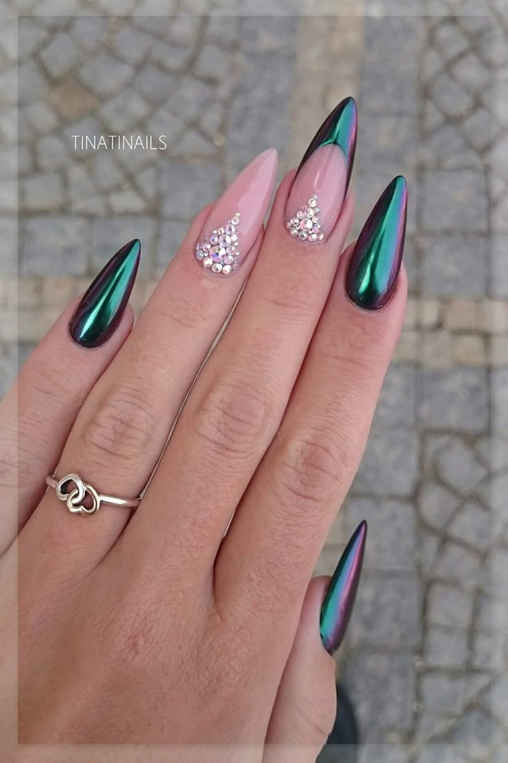 Holo. Nails. Green. Oil slick. Manicure. Nails. Glitter. Gem