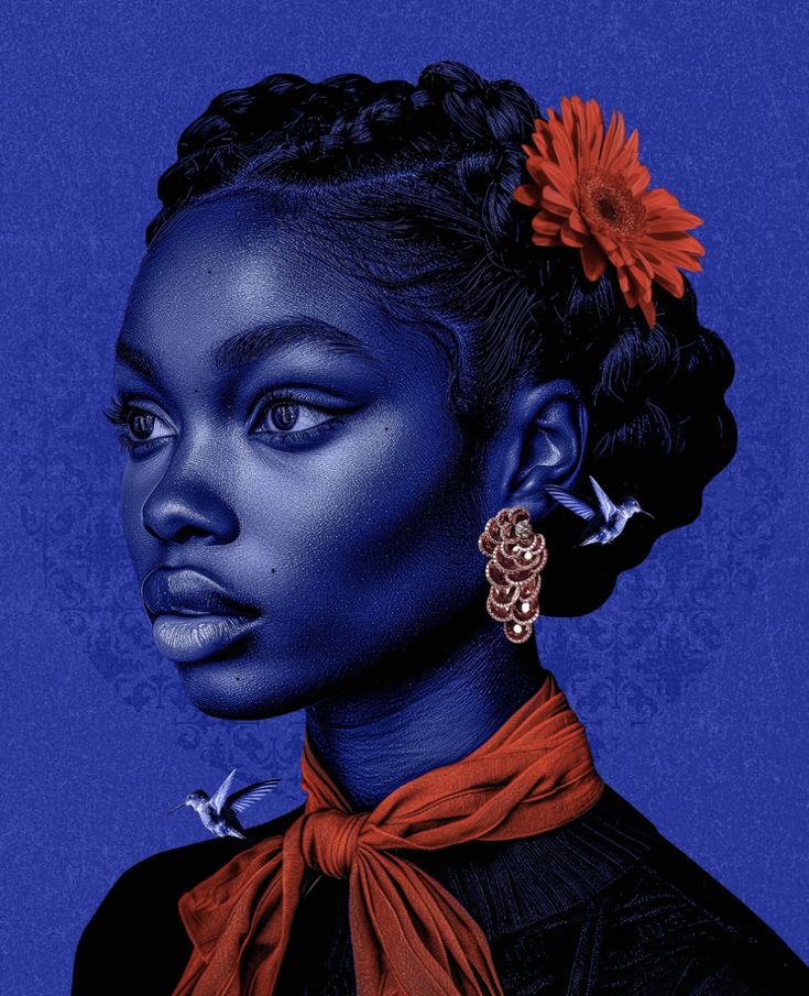 A red flower rests in her hair,
Bold and bright, without a c