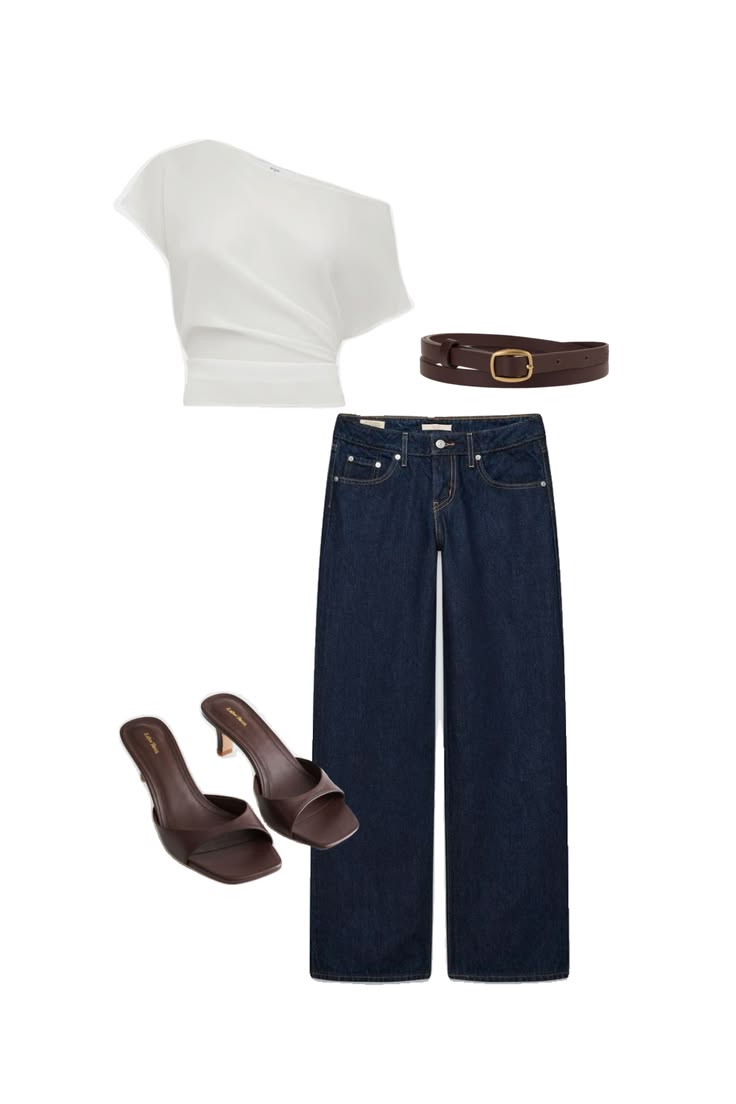 Dark denim + a crisp white top + chocolate-brown accessories