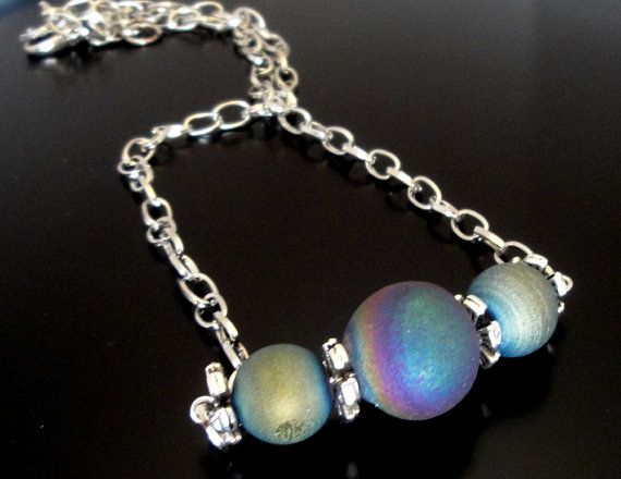 Metallic Quartz Necklace  Three Bead Ball Druzy  Horizontal