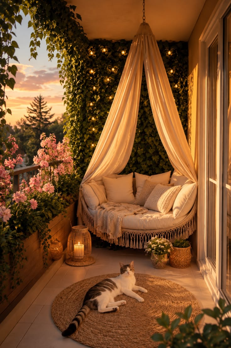 Create a warm and peaceful balcony with a hanging canopy swi