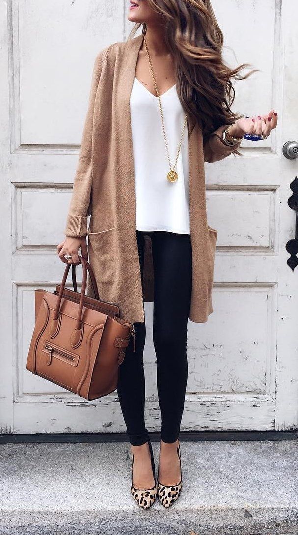 Camel Cardigan + White Top + Skinny Jeans                   