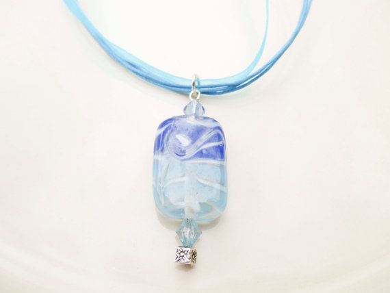 Blue Ribbon Necklace Choker With Glass Bead by PaganCellarJe