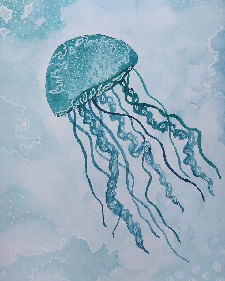 Watercolour painting of a jellyfish with acrylic detailing. 