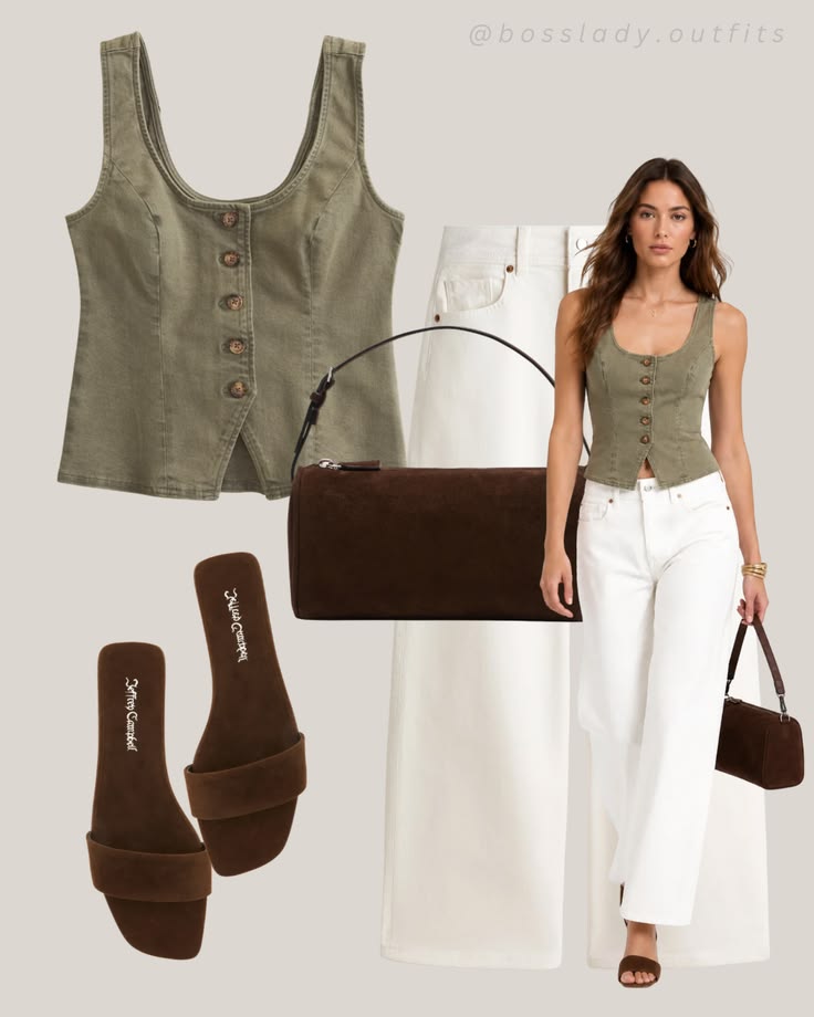 Tags: olive top outfit, white denim skirt, brown suede bag, 