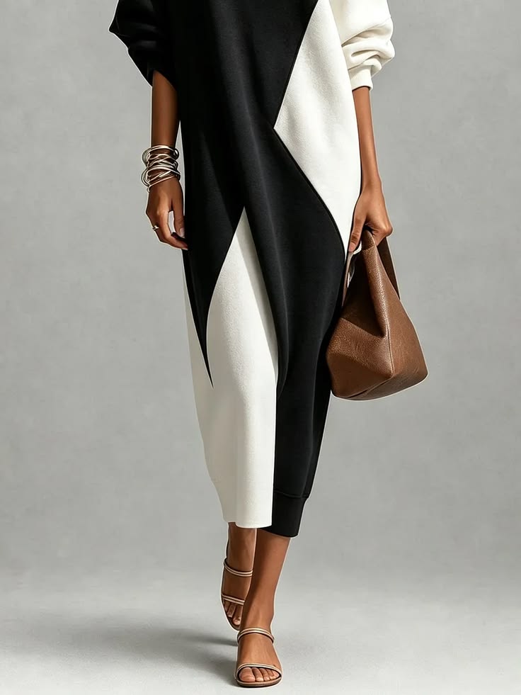 Black And White Color-blocked V-neck Long-sleeved Midi Dress