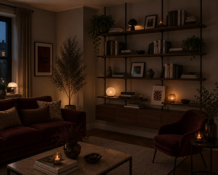 Open shelving, warm lighting, rich wood tones, and thoughtfu