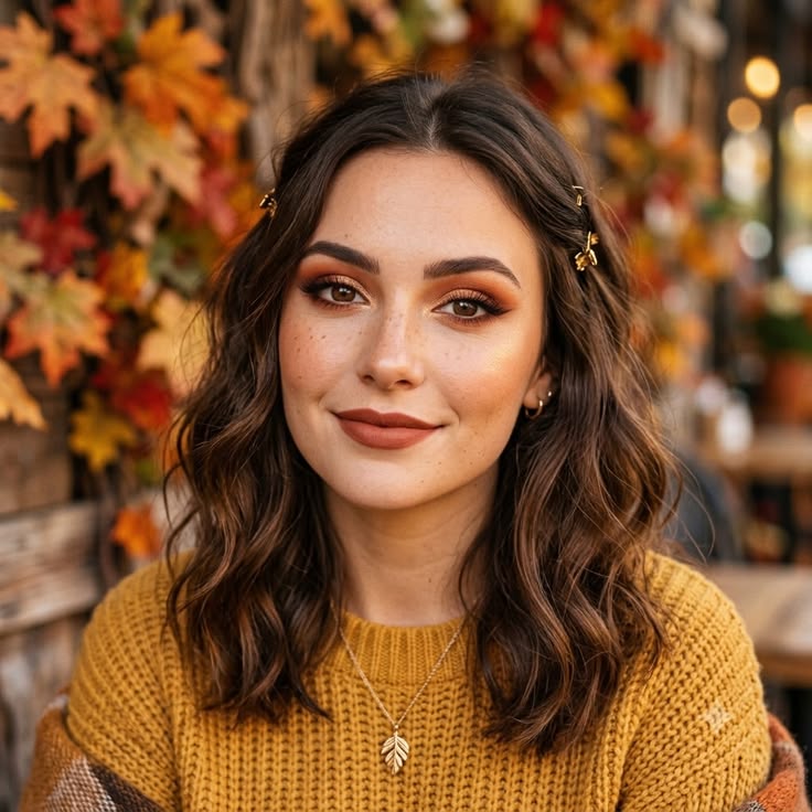 Effortless autumn look featuring warm copper lids, soft wing